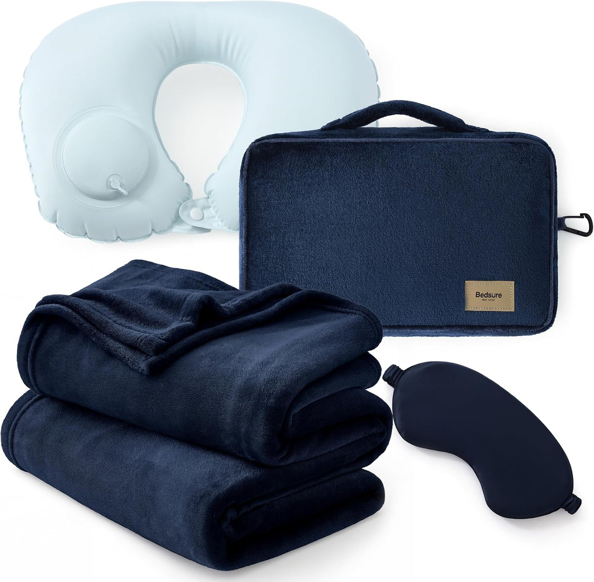 Bedsure Travel Blanket Set with Inflatable Neck Pillow and Eye Mask, Navy