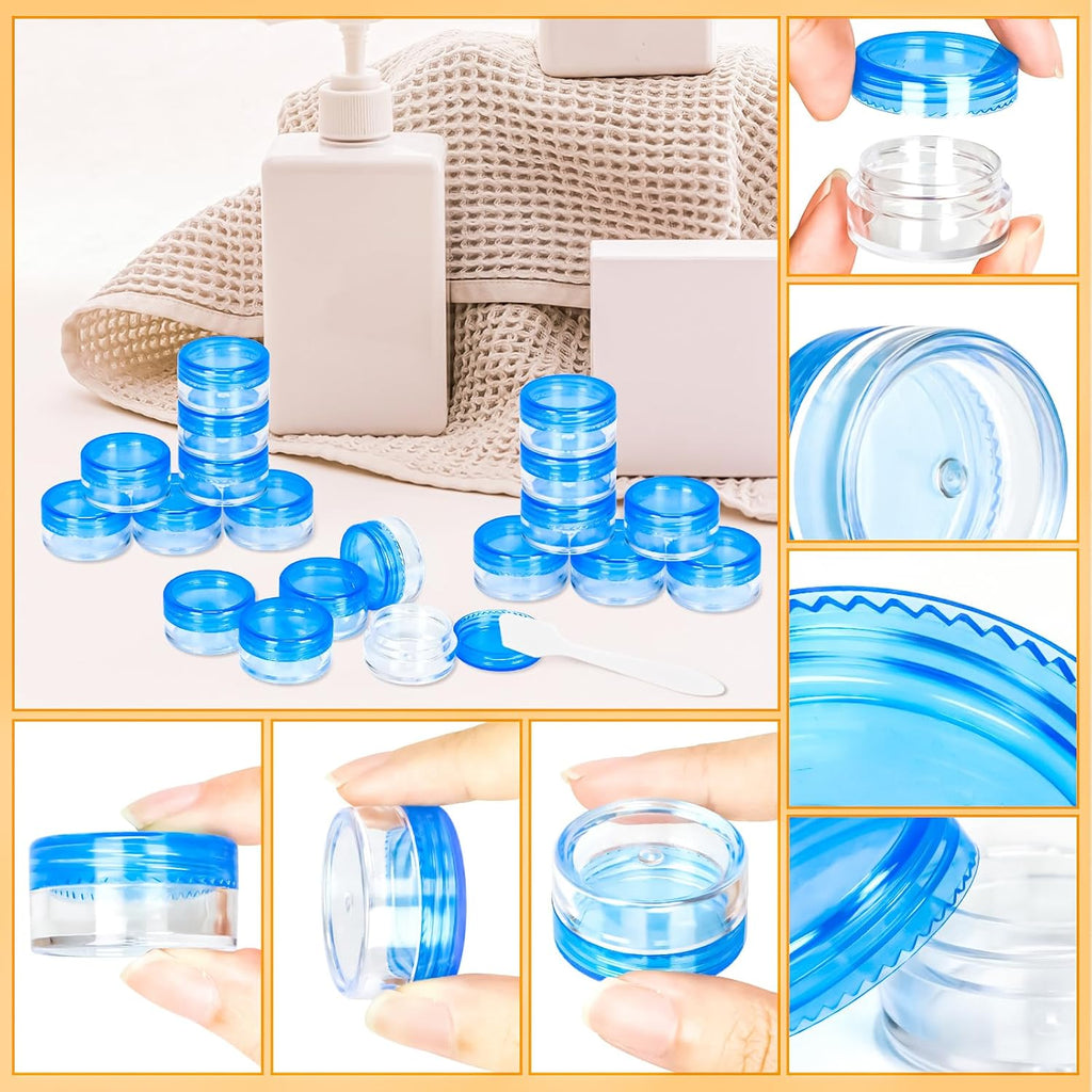 100 Pcs 5g Empty Plastic Containers with Blue Lids,Mini Makeup Sample Containers, Small Sample Pot Jars Round Cosmetic Jars with Mini Spatulas for Liquid Sample Powder Creams Lotions
