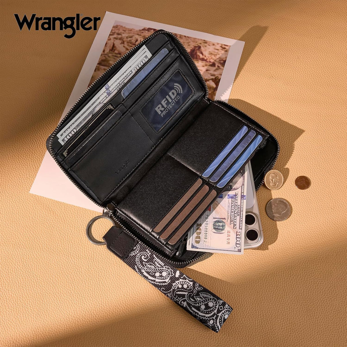 Montana West Wrangler Western Paisley Wristlet Wallet for Women, PU Leather Zip Around Clutch with RFID Blocking & Coin Pocket