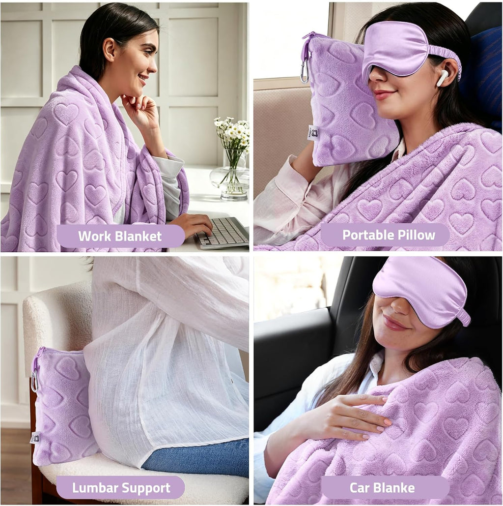 Travel Blanket, Airplane Blanket, Ultra-Soft, Warm & Lightweight, 65x40 in, Outdoor Blanket Essentials for Women, Men & Kids, Included Eye Mask, Luggage Sleeve & Backpack Clip Heart Purple