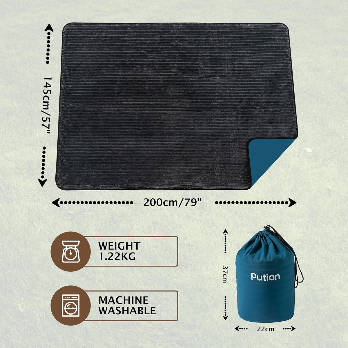 PuTian Camping Blanket with Corduroy Lining, Waterproof, 79"×57", Blue