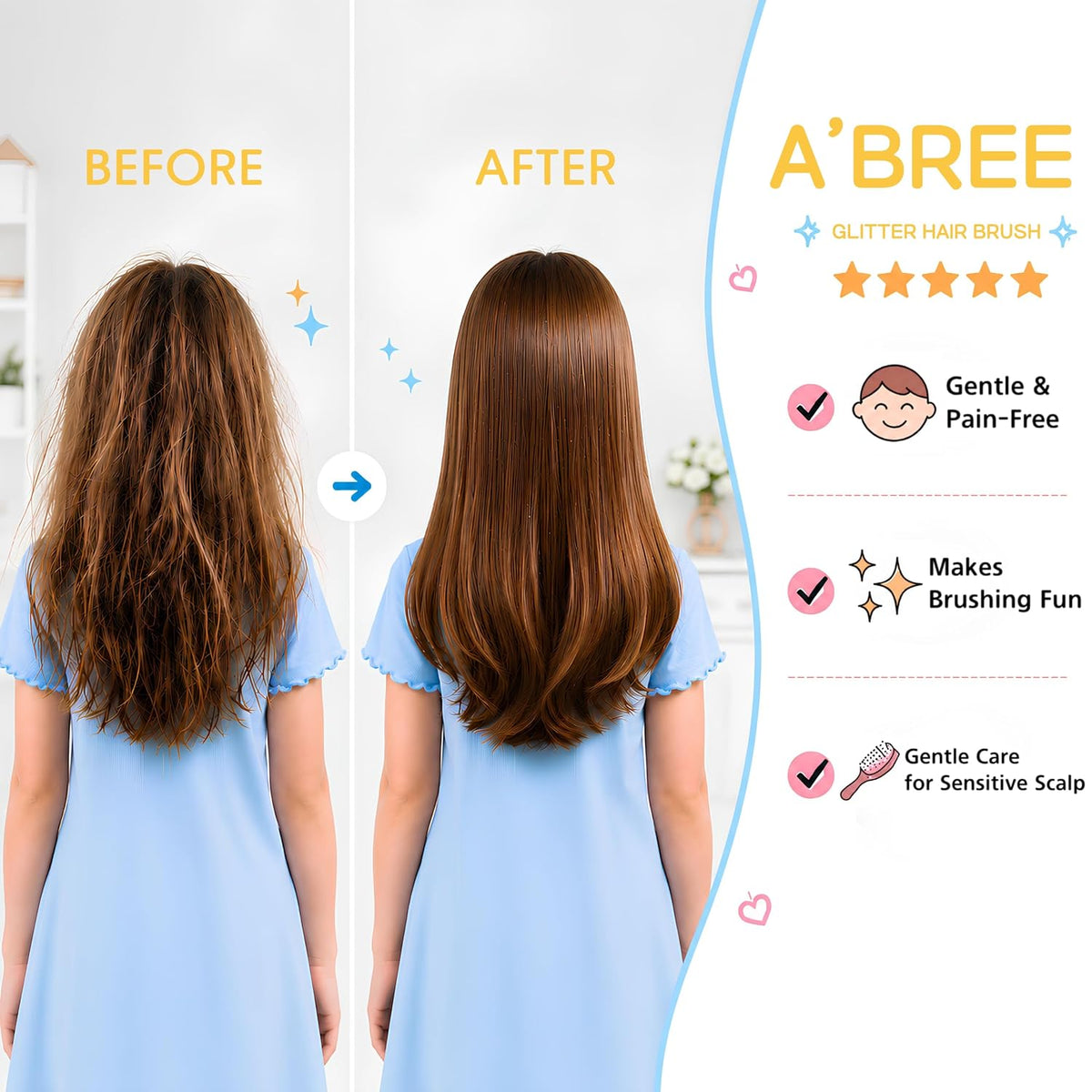 A'BREE Mini Glitter Detangling Hair Brush for Kids Girls Women – Gentle Wet and Dry Hairbrush, Travel Sized Tangle Free Knot Tamer for Toddler, Adorable Character Glitter Design (Sunny Yellow)