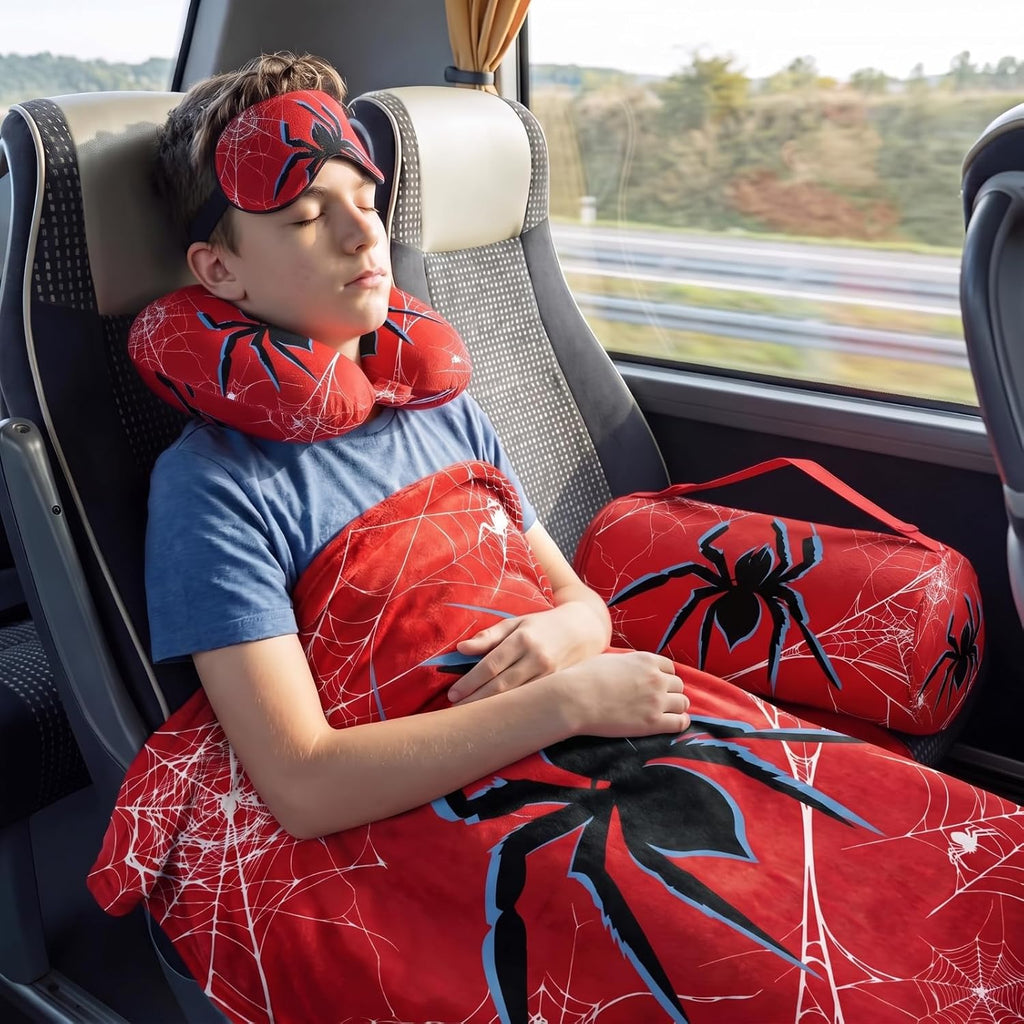 Moukeren 4 Pcs Spider Travel Pillow and Blanket Set