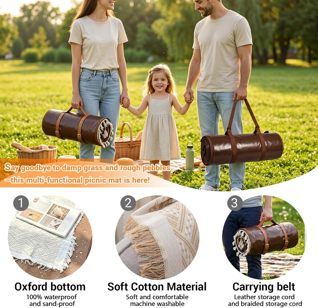 2-in-1 Boho Picnic Blanket, Beige Brown 71×71 Outdoor Waterproof Beach Mat