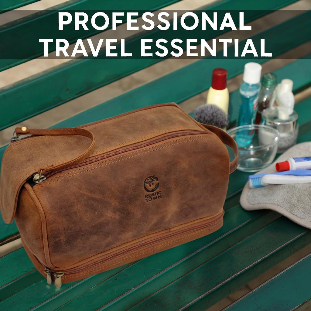 Leather Toiletry Bag for Men - Travel Shaving Dopp Kit - Bathroom Shower Toiletries Organizer - Cosmetic Make up Bag for Women