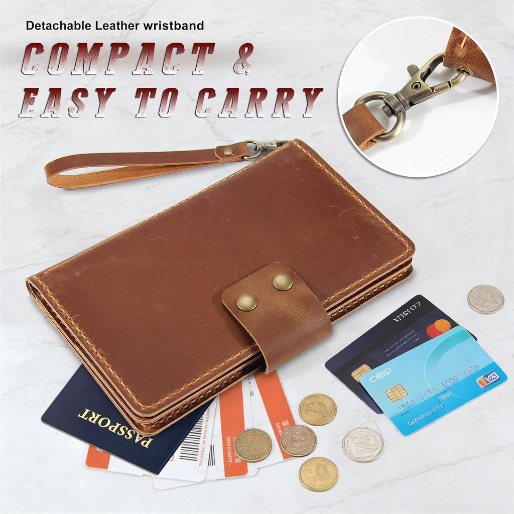 Handmade Genuine Leather Family Passport Holder | Travel Document Organizer Holds 4 Passports | Vintage Wristlet Wallet with Credit Card Slots (Brown)