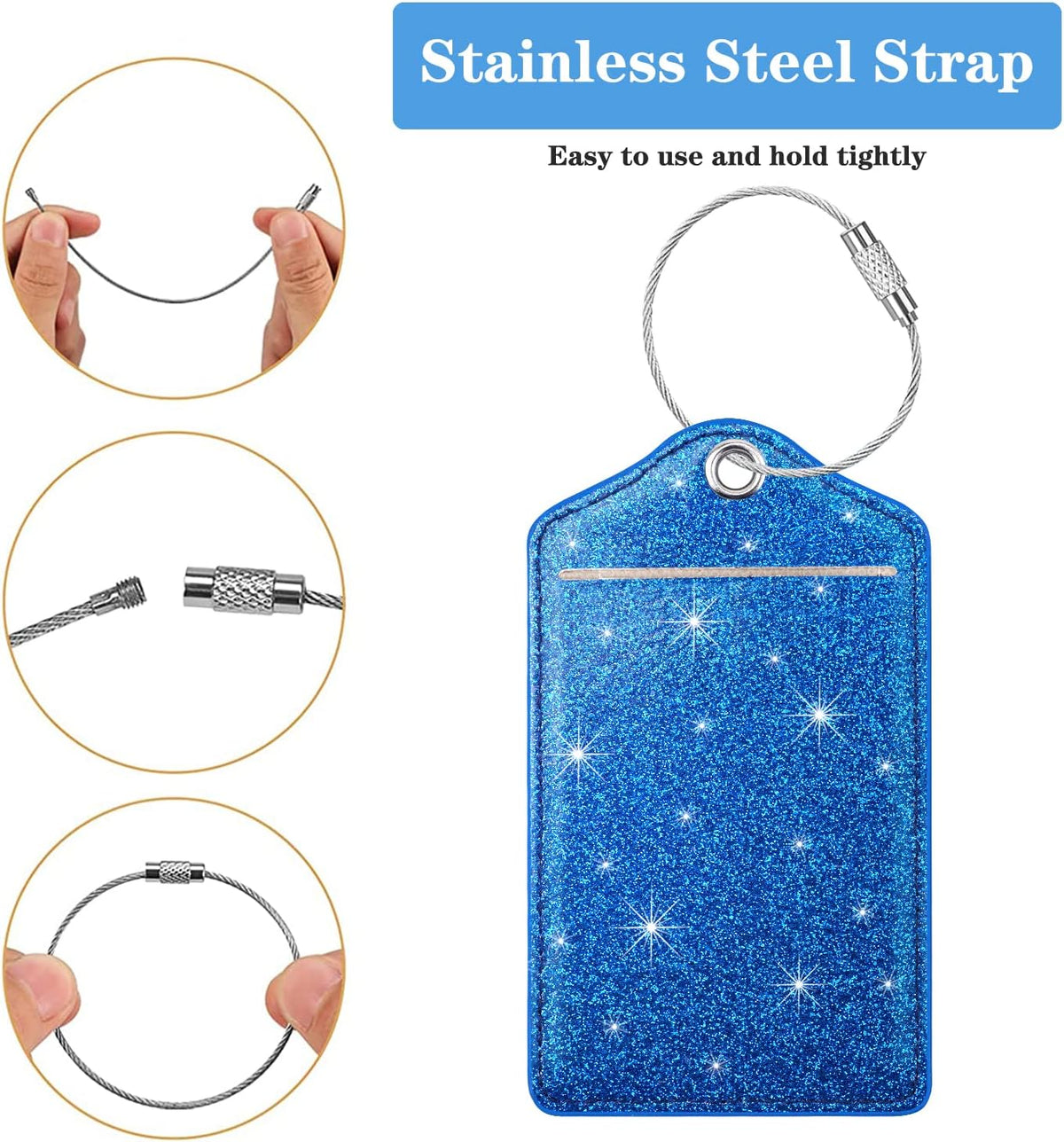 (Set of 2) Luggage Tag Leather Privacy Cover ID Label Address Card with Stainless Steel Loop, Travel Bag Tags Suitcase Labels, Glitter Dark Blue