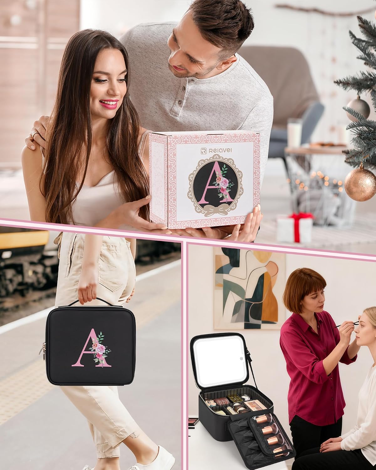 Relavel Initial Makeup Bag with LED Mirror for Women Girls, Personalized Travel Cosmetic Organizer Train Case, Birthday Gifts for Grandkids Bridesmaid Graduation Teacher Friends, Trendy Stuff, Black F