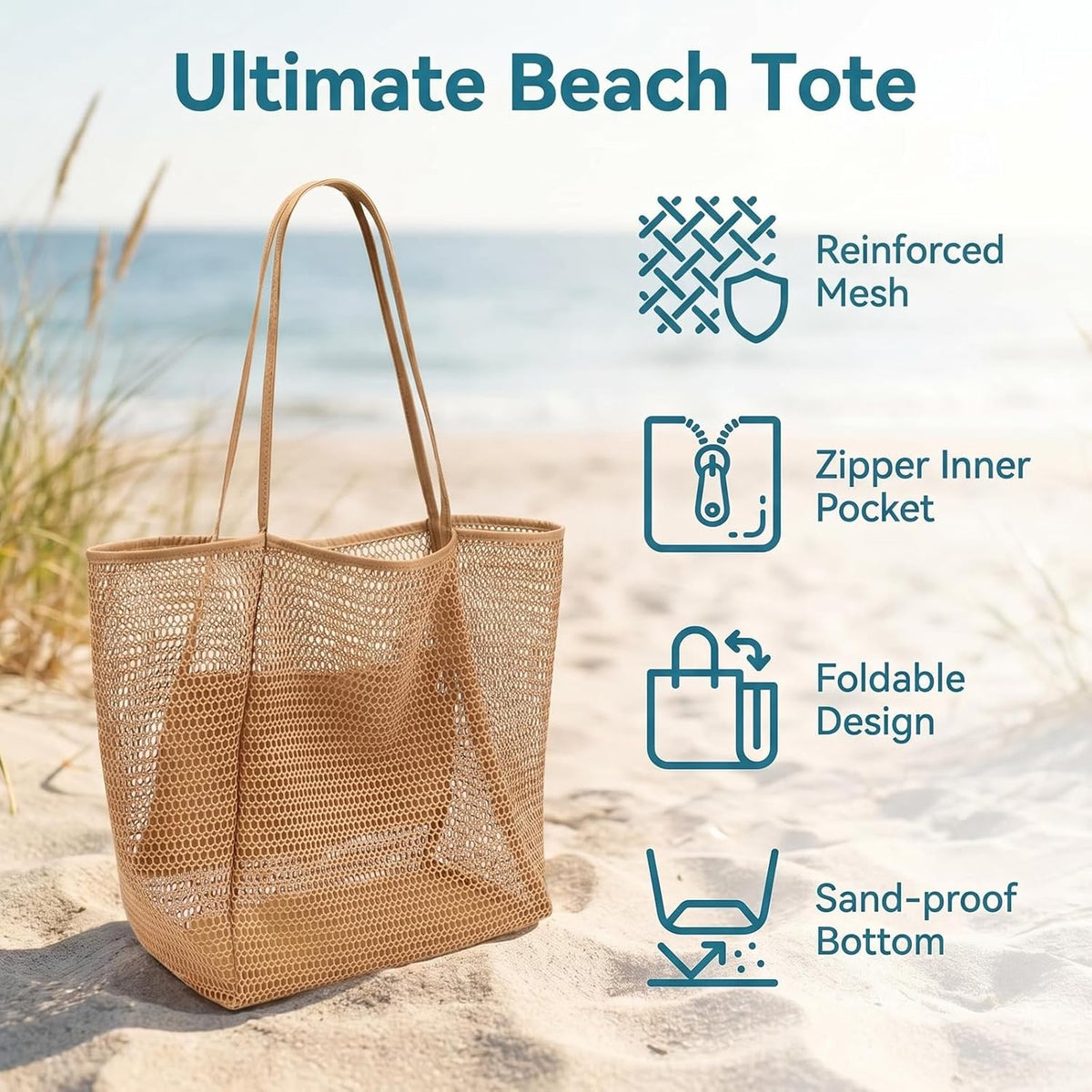 Women's Beach Bags, Lightweight Mesh Tote Bag, Sandproof Woven Shoulder Handbag with Zipper Pocket for Pool Travel