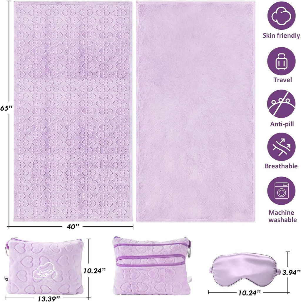 Travel Blanket, Airplane Blanket, Ultra-Soft, Warm & Lightweight, 65x40 in, Outdoor Blanket Essentials for Women, Men & Kids, Included Eye Mask, Luggage Sleeve & Backpack Clip Heart Purple