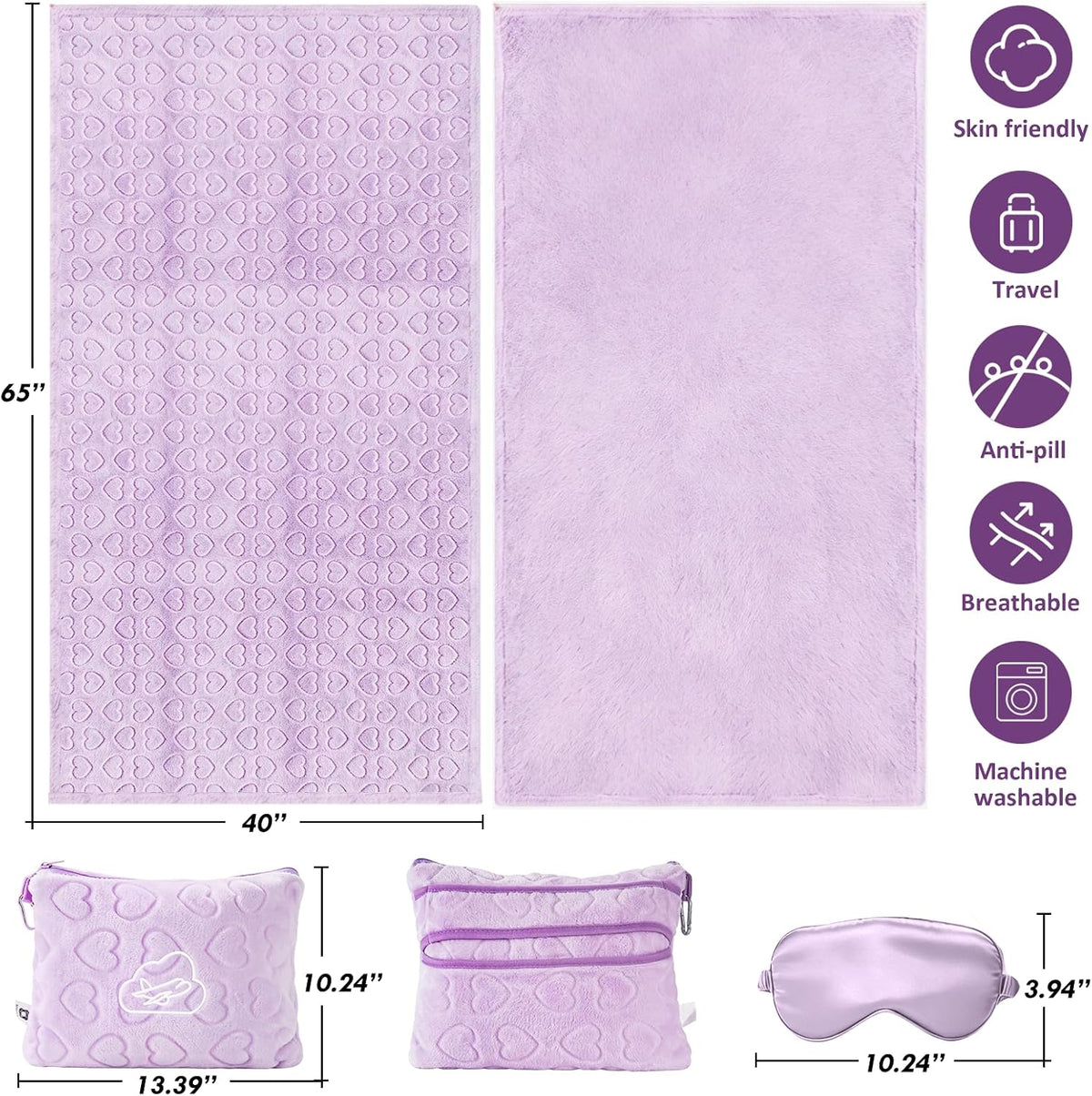 Travel Blanket, Airplane Blanket, Ultra-Soft, Warm & Lightweight, 65x40 in, Outdoor Blanket Essentials for Women, Men & Kids, Included Eye Mask, Luggage Sleeve & Backpack Clip Heart Purple