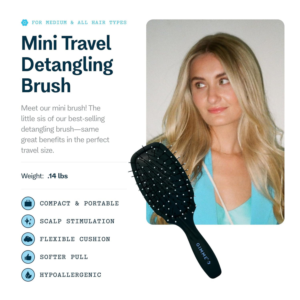 Gimme Hair Brush Mini Travel Detangler, Medium Hair, Black