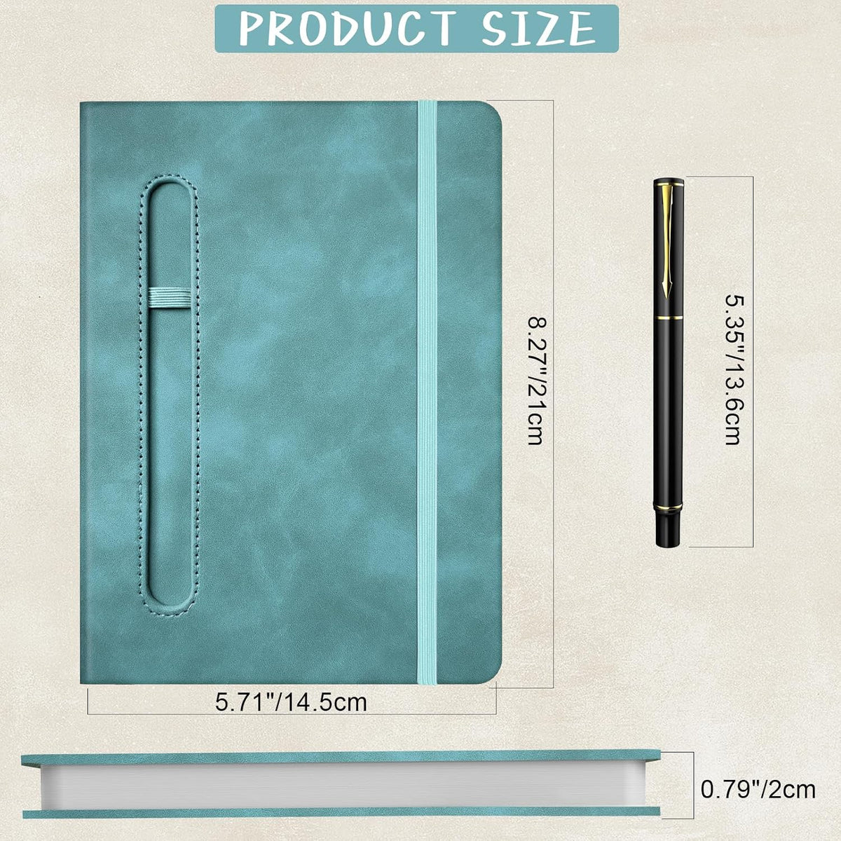 A5 Leather Notebook with Pen and Pen Holder, 224 Pages 100 GSM Thick Lined Paper Hardcover Journal for Men Women, College Ruled Daily Diary for Work Business School Travel - Light Blue
