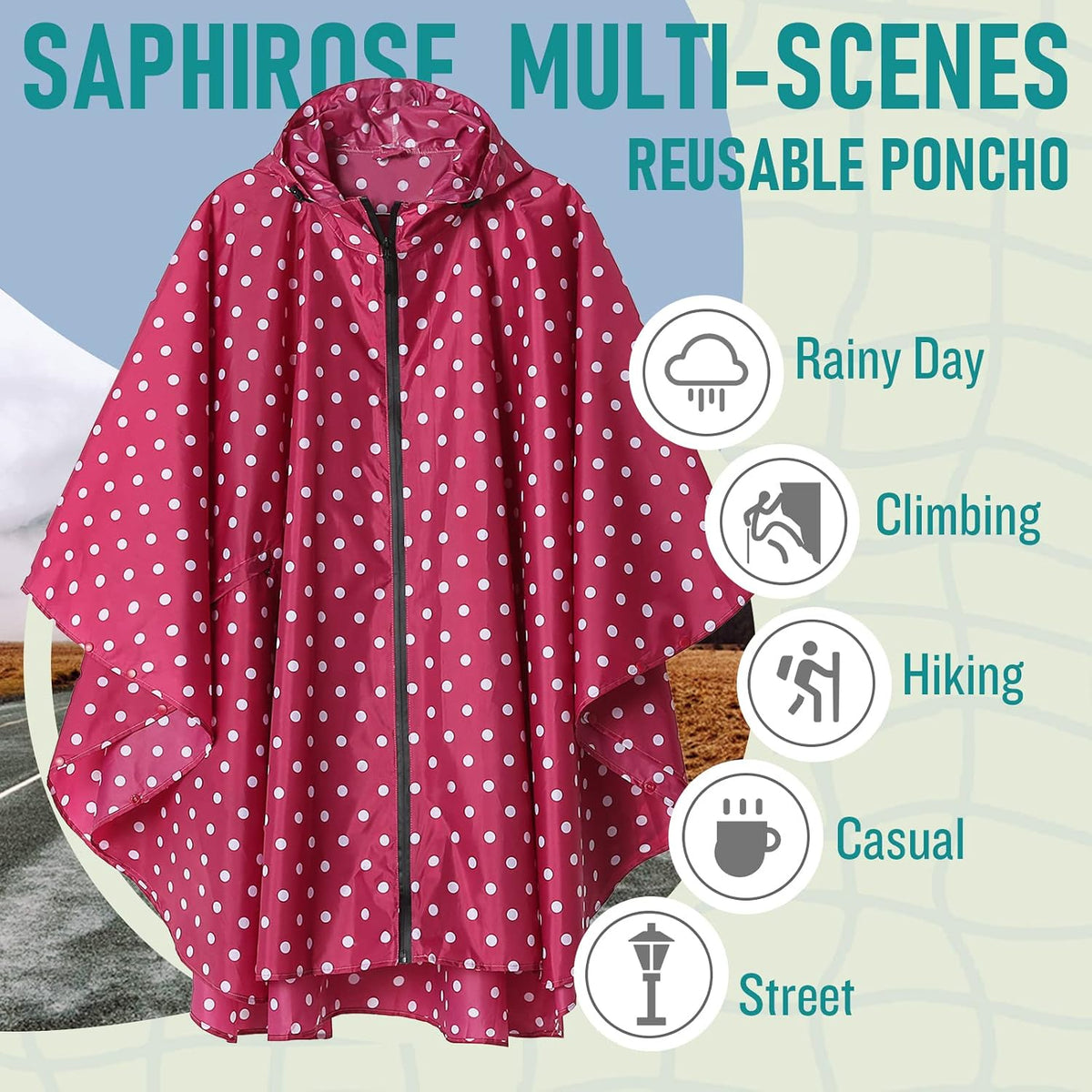 SaphiRose Adult Rain Poncho Waterproof Hooded Zipper Raincoat with Pockets