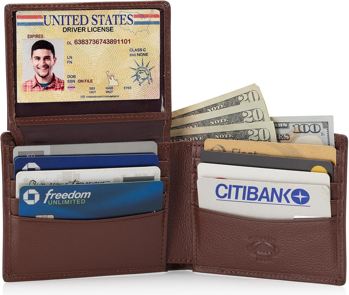 Stealth Mode Leather Bifold Wallet for Men with ID Window and RFID Blocking