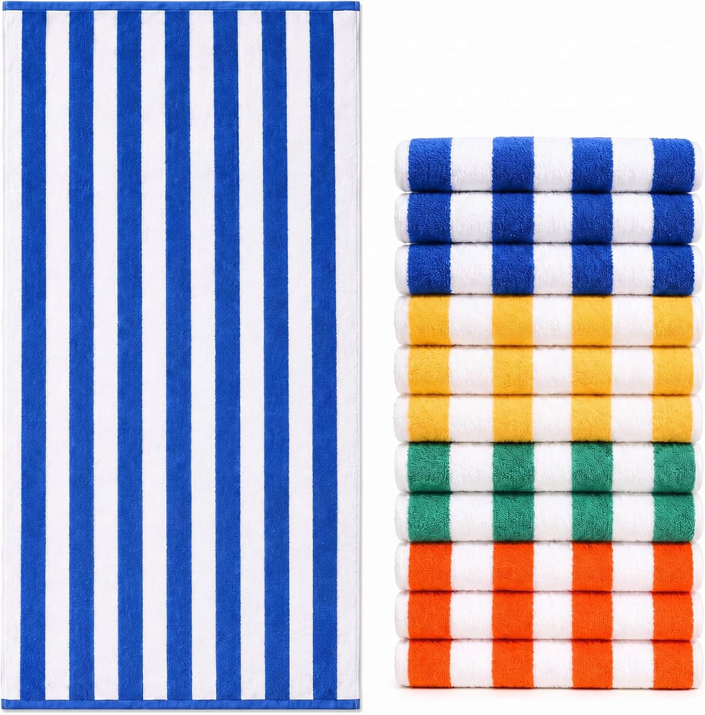 Breling 12 Pack 100% Cotton Oversized Cabana Stripe Beach Towels 30" x 60"