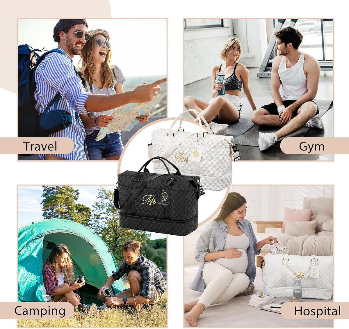 Dansydaisy Mr and Mrs Black,White 4 Pcs Honeymoon Duffel Bag Set