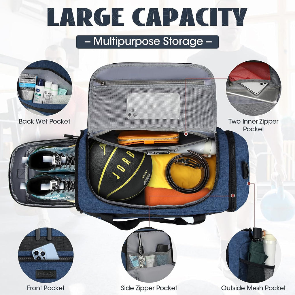 IGOLUMON Gym Bag for Men 55L Sports Duffel Bags Gym Duffle Bag Women with Shoe Compartment & Wet Pocket Water Resistant Travel Duffel Bag Lightweight Weekender Overnight Bag Blue