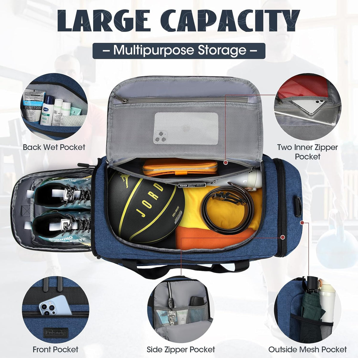 IGOLUMON Gym Bag for Men 55L Sports Duffel Bags Gym Duffle Bag Women with Shoe Compartment & Wet Pocket Water Resistant Travel Duffel Bag Lightweight Weekender Overnight Bag Blue
