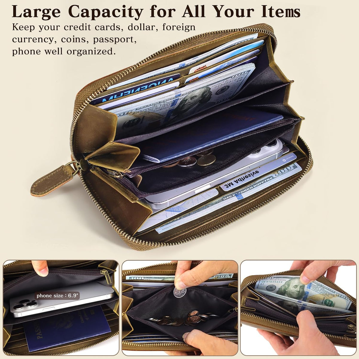 VISOUL Long Zip Around Pouch Wallet for Men Crazy Horse Leather with RFID Blocking, Large Clutch Cash Long Travel Wallet with 12 Card Slots-Brown
