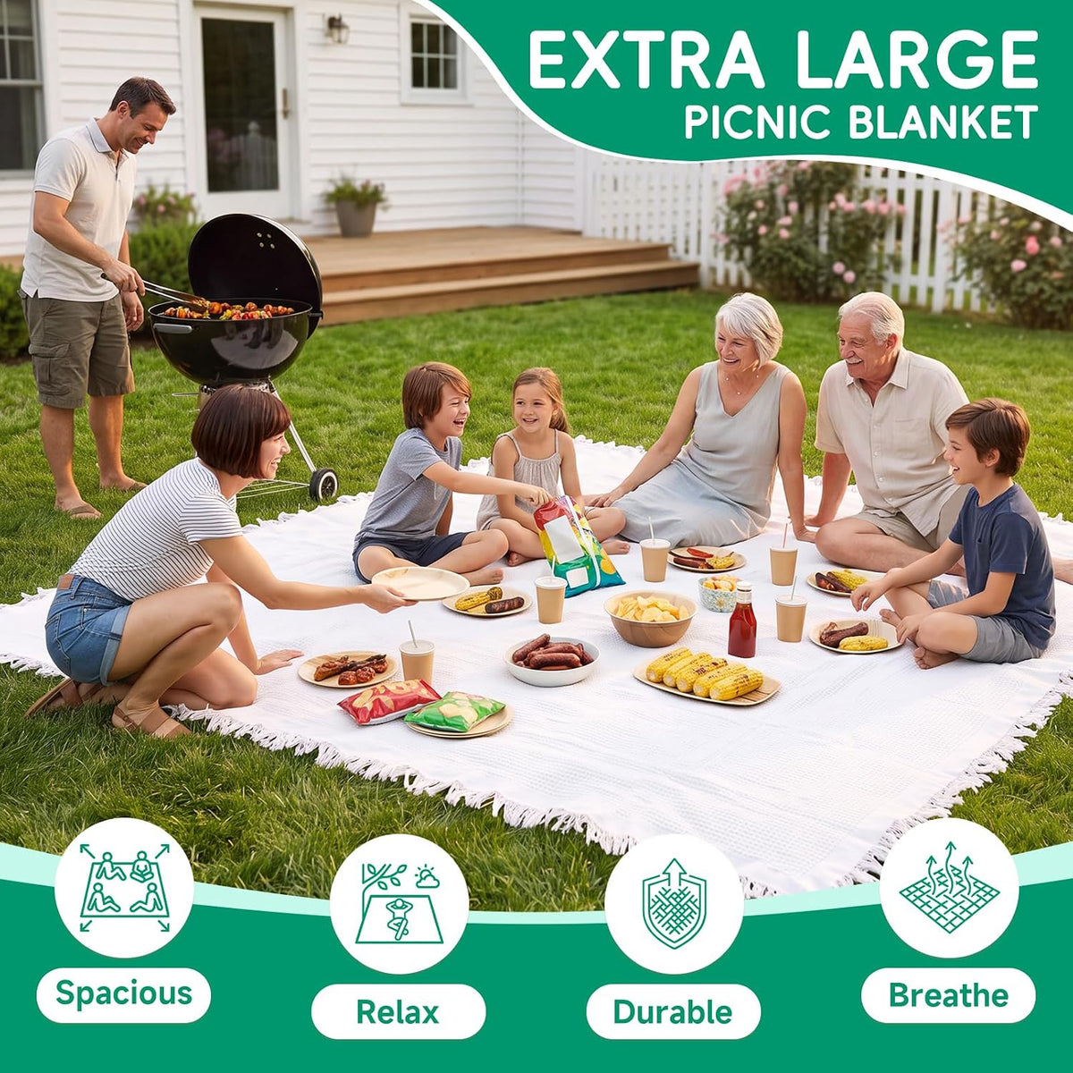RYCHIC Extra Large Outdoor Boho Picnic Blanket Summer Woven Beach Mat Rectangle Tablecloth White Table Clothes XL Essentials Beach Accessories Garden Party Decor Patio Park Lawn Grass Ground Festival