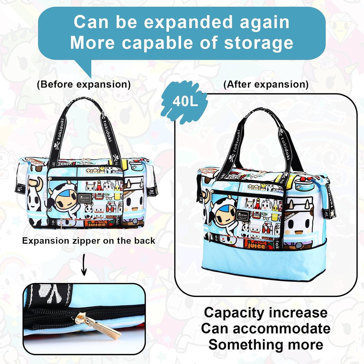 Tokidoki Unicorno Foldable Duffle Bag for Travel, 40L Expandable Weekender Bags with Trolley Sleeve Overnight Bags for Travelling (Blue)