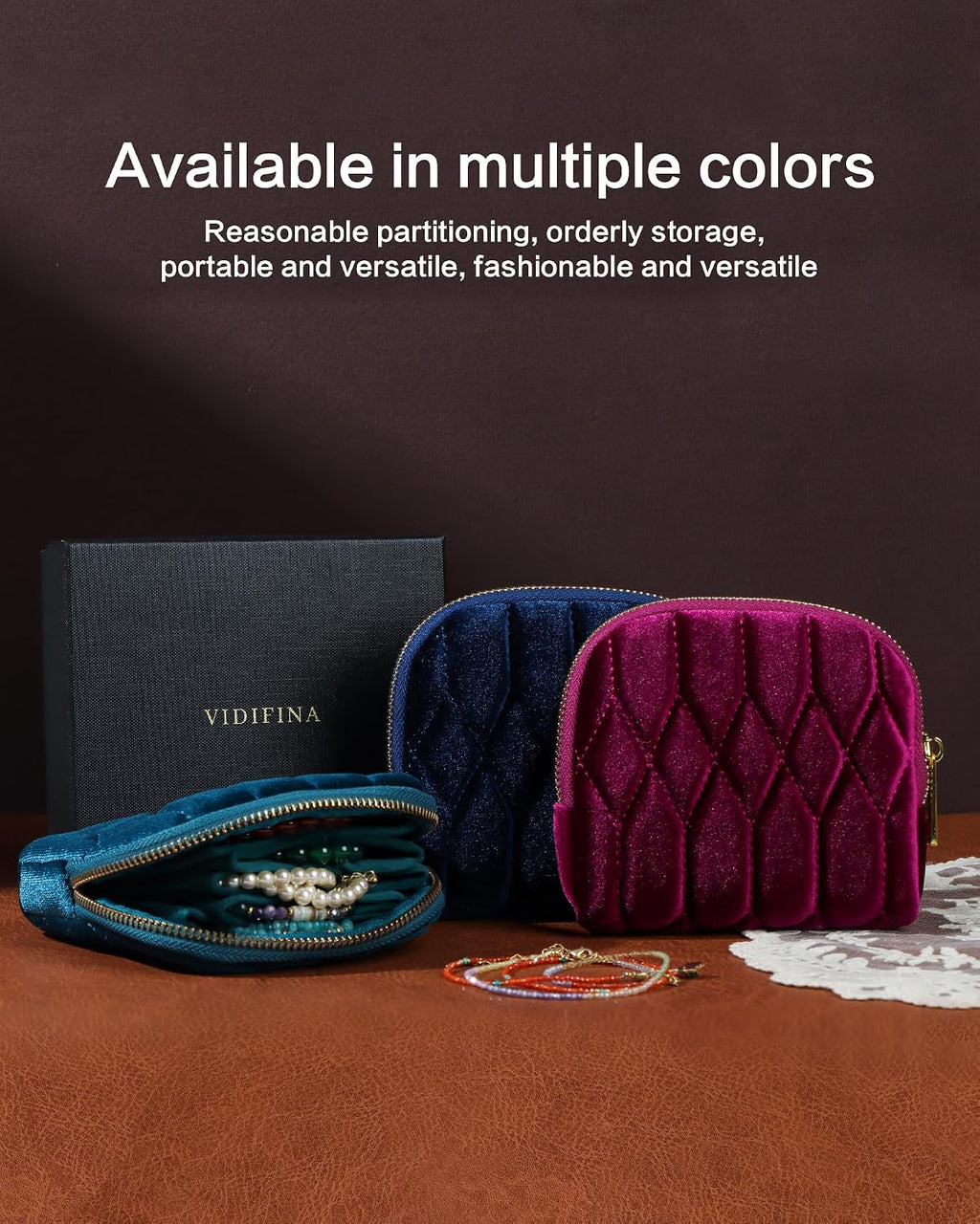 Small Travel Jewelry Case, Velvet Pouch with Zipper, Teal Blue