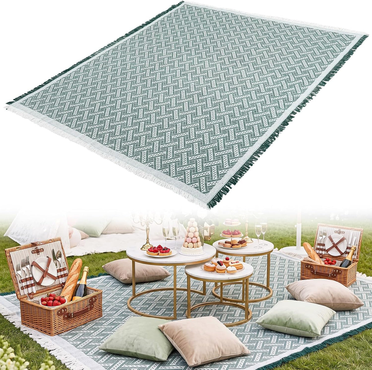 1 Pack White Green Extra Large Picnic Blanket, 71 x 91 Inches