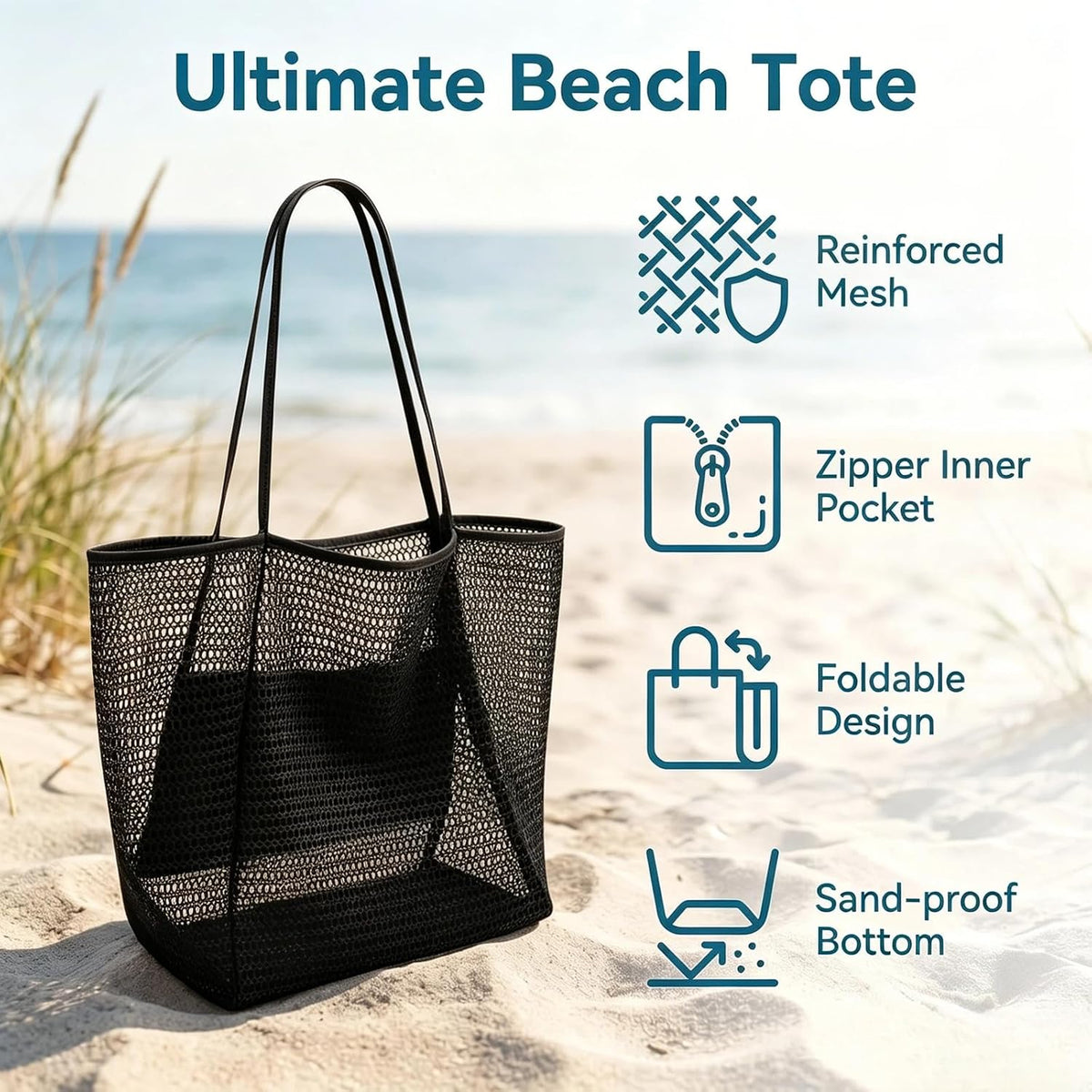 Women's Beach Bags, Lightweight Mesh Tote Bag, Sandproof Woven Shoulder Handbag with Zipper Pocket for Pool Travel
