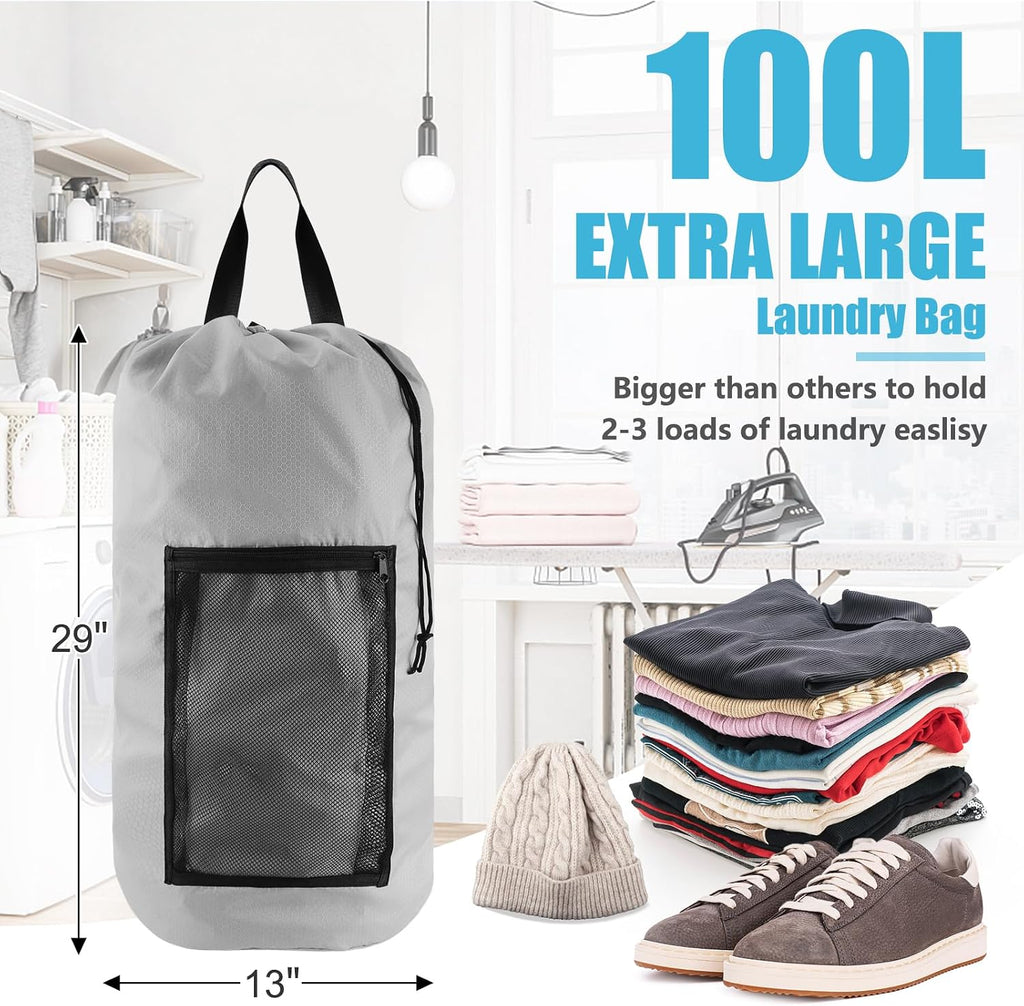 Olosar Laundry Bag Backpack, Extra Large Travel Laundry Bag with Mesh Pocket & Adjustable Shoulder Straps,Dirty Clothes Travel Bag for College Students Dorm,Apartment(Light Gray)