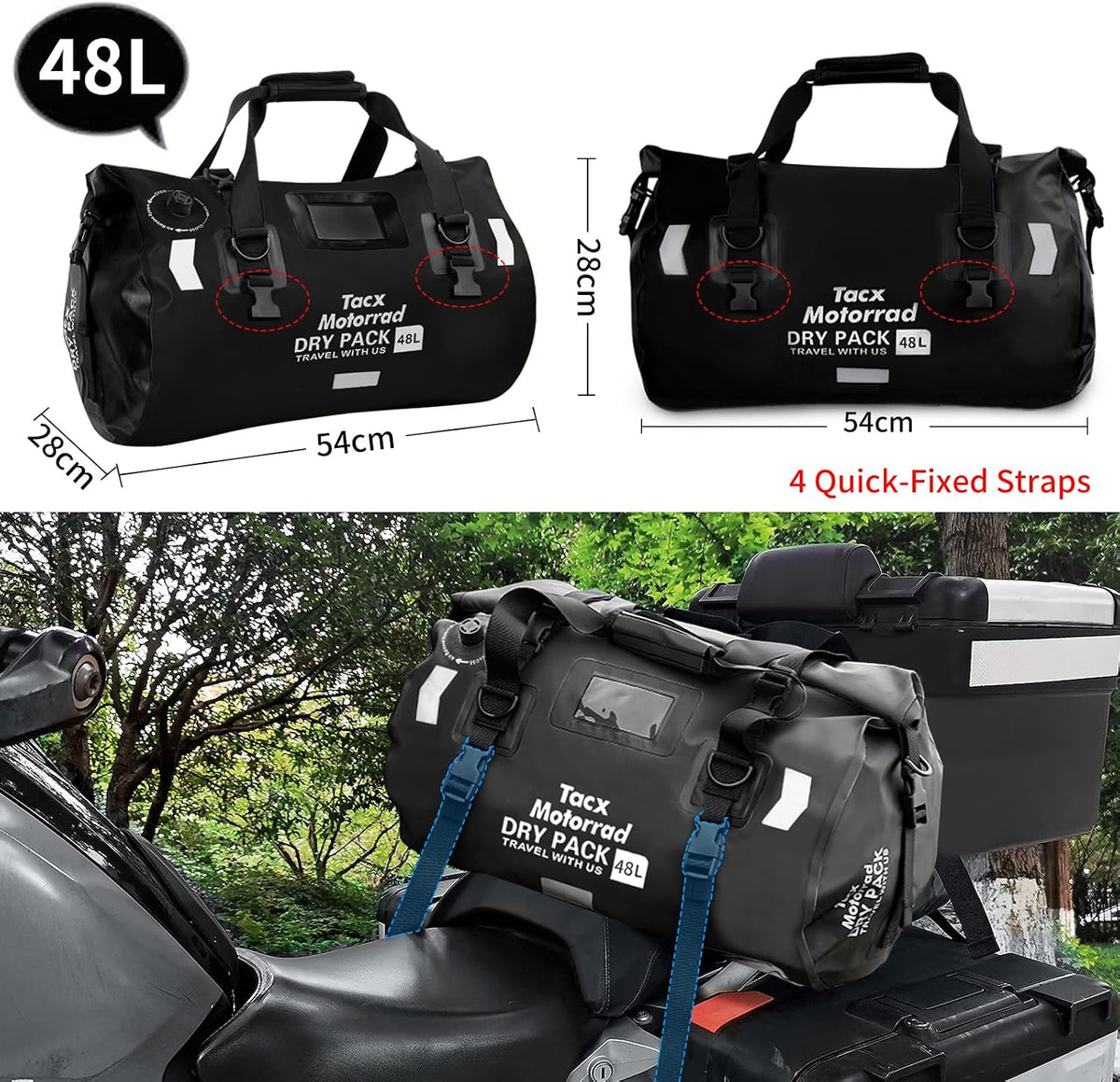 Waterproof Duffel Bag, Roll-top Dry Bag Tail Bag with Large Storage Space, Waterproof Luggage Duffle Bags with Quick-fixed Straps for Camping, Rafting,Kayaking, Traveling, 48L-Black