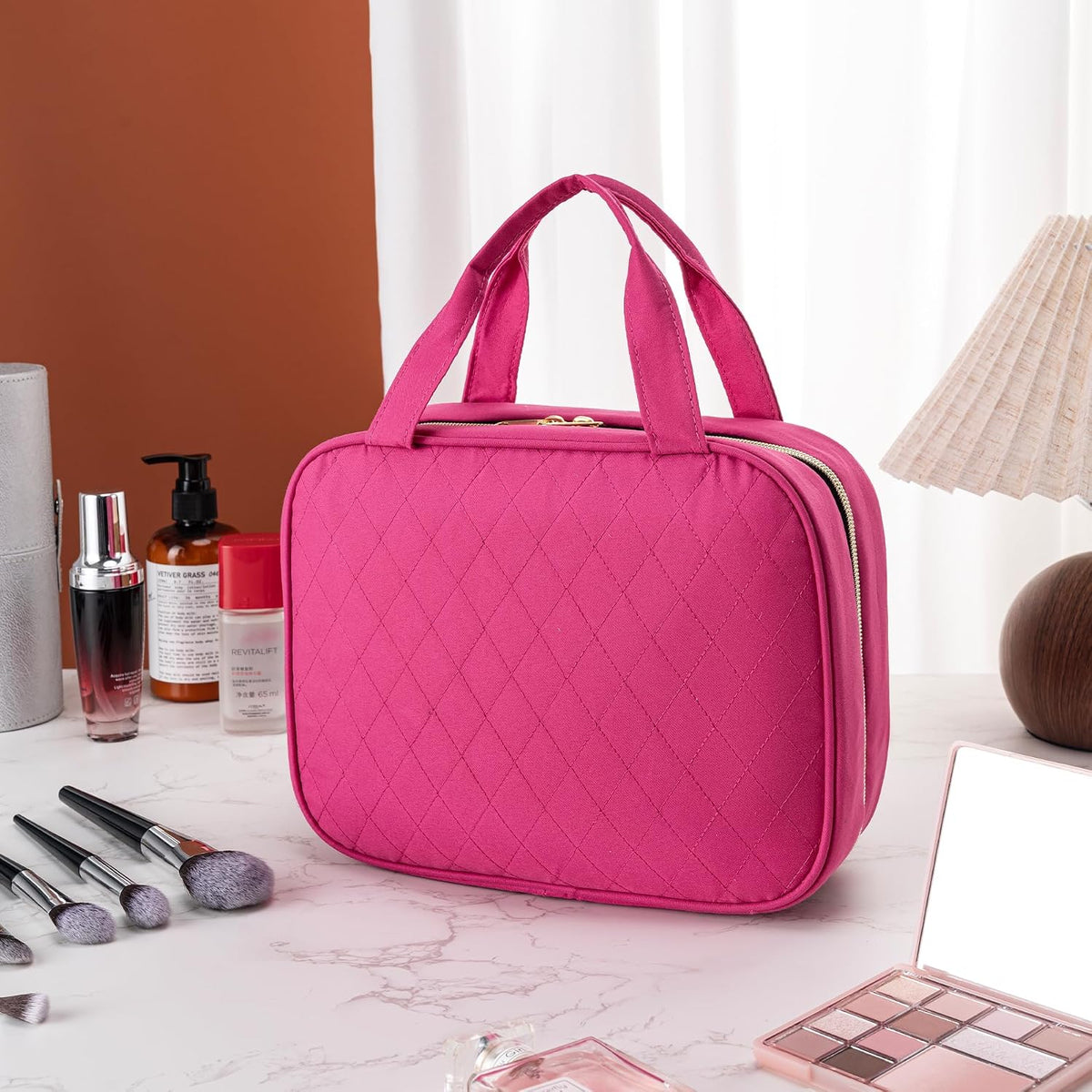Travel Toiletry Bag for Women, Large Hanging Makeup Cosmetic Bag, Rose Red