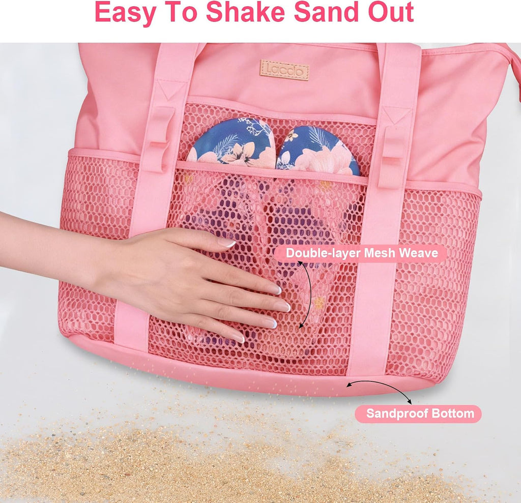 Lacdo Beach Bag for Women, Beach Tote Bag for Women, Waterproof Sandproof Foldable Pool Bag for Beach Vacation Pool Travel