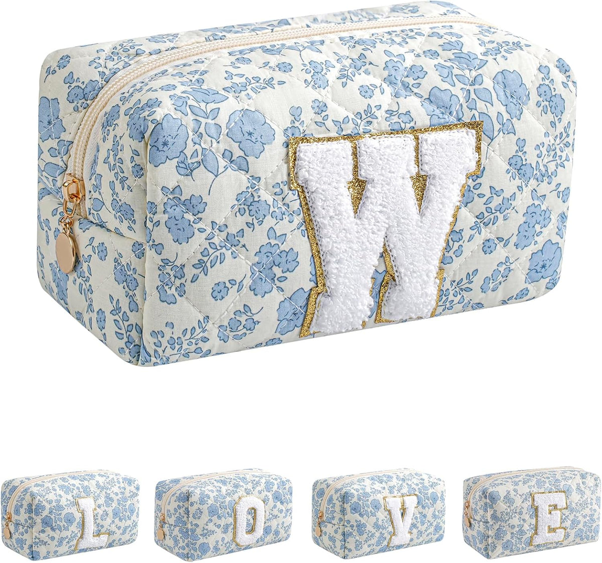 JOVAKIT Alphabet Makeup Bag Cosmetic Bag for Women, Christmas Gifts for Girls Age 6-18, Floral Flowers Coquette Travel Toiletry Zipper Make Up Pouch Organizer Trendy Stuff (Blue Floral W)