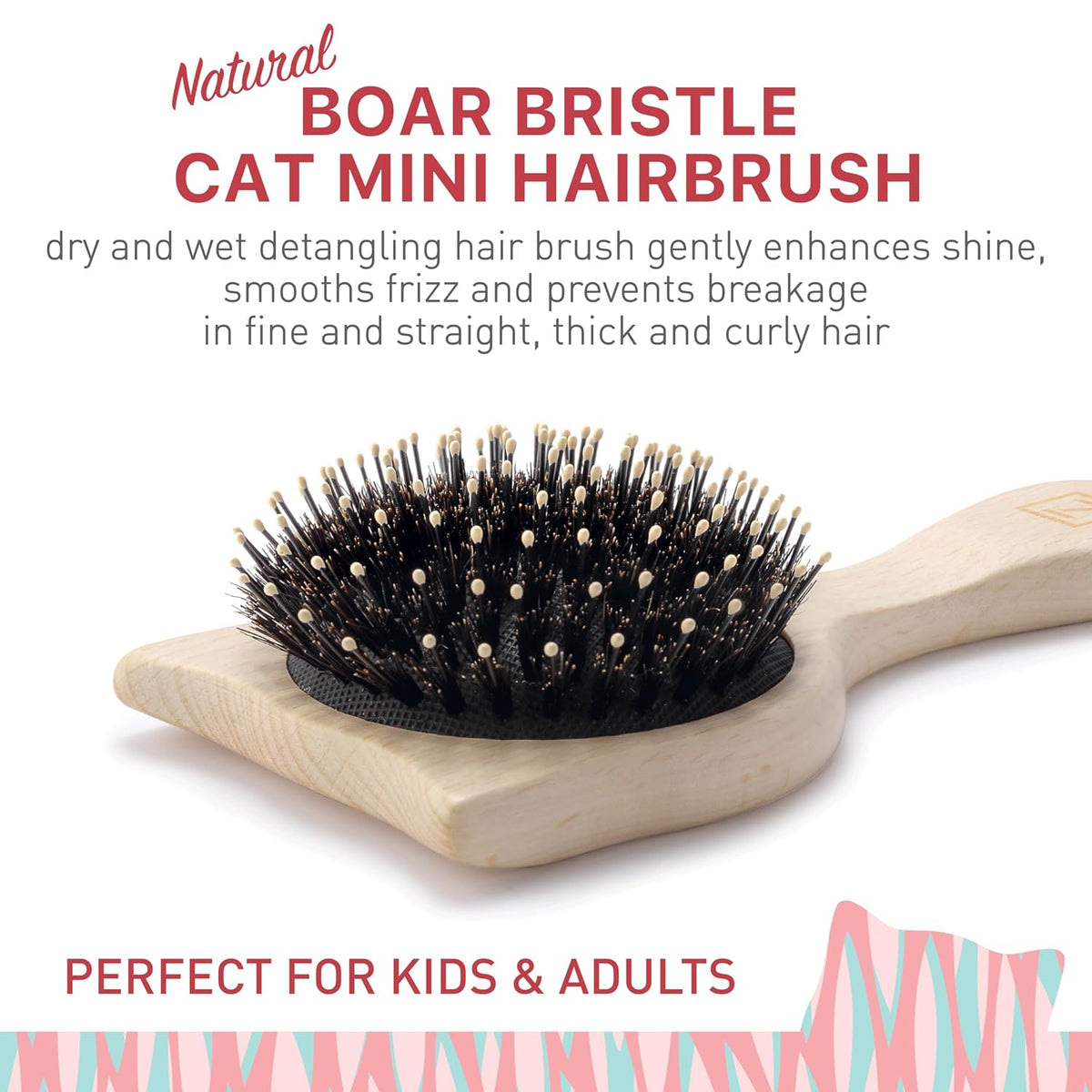 Natural Boar Bristle Hair Brush Cat shape, mini size, portable, easy carry for Women, Men, Kids; Dry and Wet Detangling Hair Brush Gently Enhances Shine, for Fine and Straight, Thick and Curly Hair