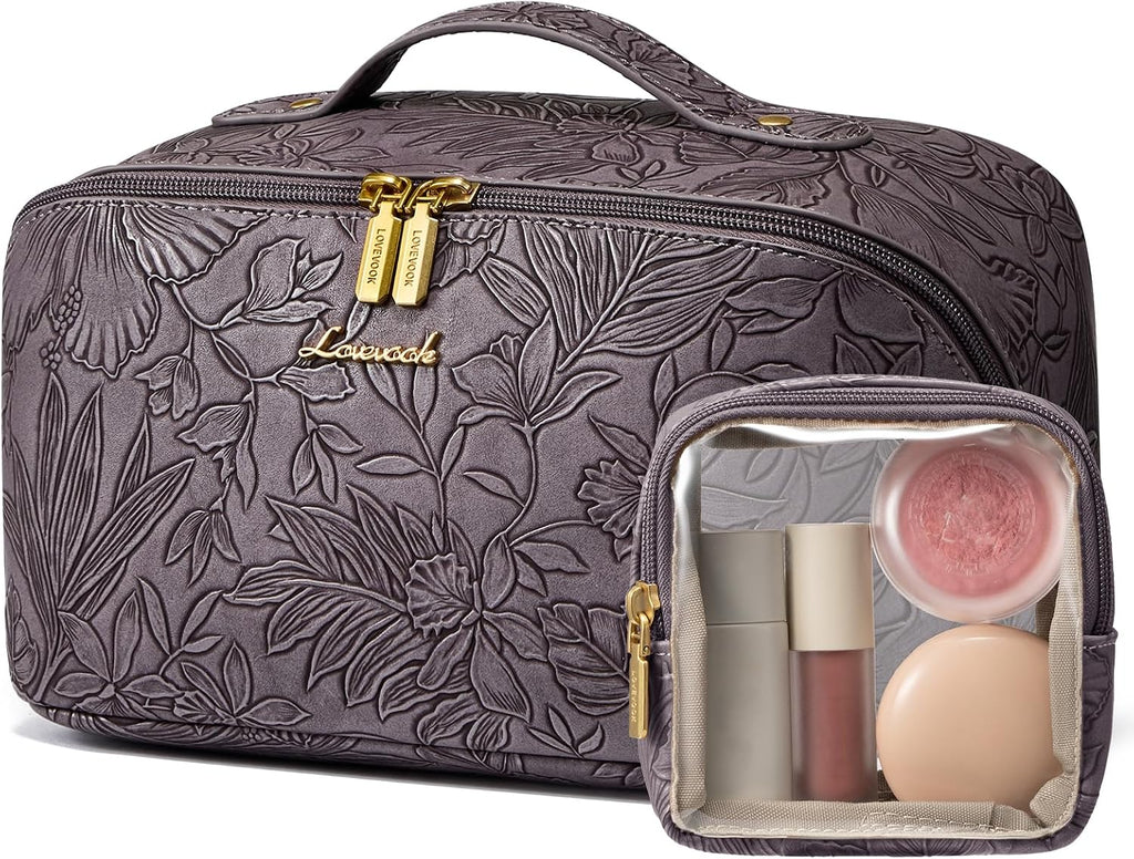 LOVEVOOK Travel Makeup Bag for Women, 2Pcs Large Capacity Cosmetic Organizer Bag, Waterproof PU Leather, Flat Open Portable Small Toiletry Pouch for Skincare, Brushes (Embossed Purple, Medium)