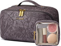 LOVEVOOK Travel Makeup Bag for Women, 2Pcs Large Capacity Cosmetic Organizer Bag, Waterproof PU Leather, Flat Open Portable Small Toiletry Pouch for Skincare, Brushes (Embossed Purple, Medium)