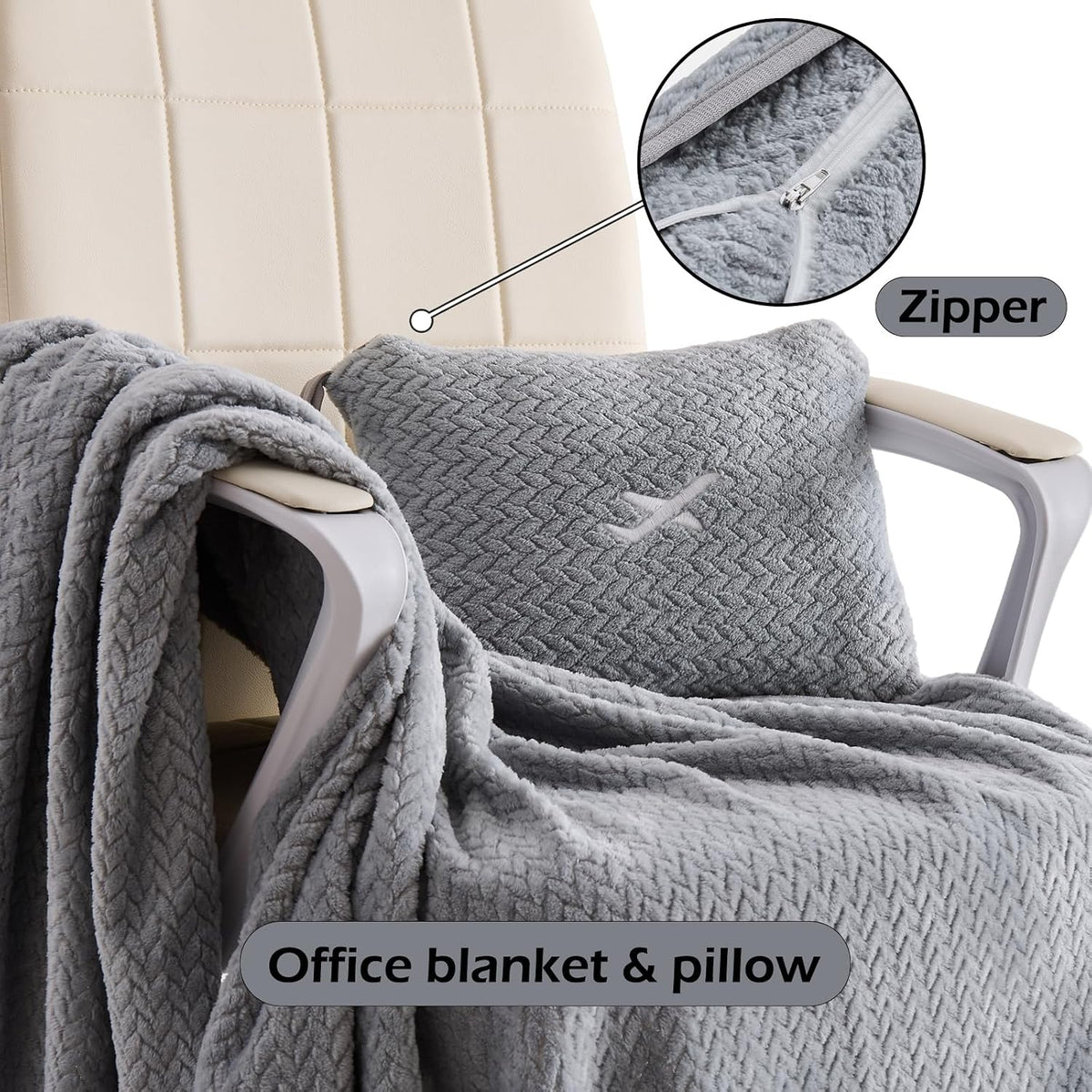NEWCOSPLAY Travel Blanket with Storage Bag for Airplane Travel, Light Grey
