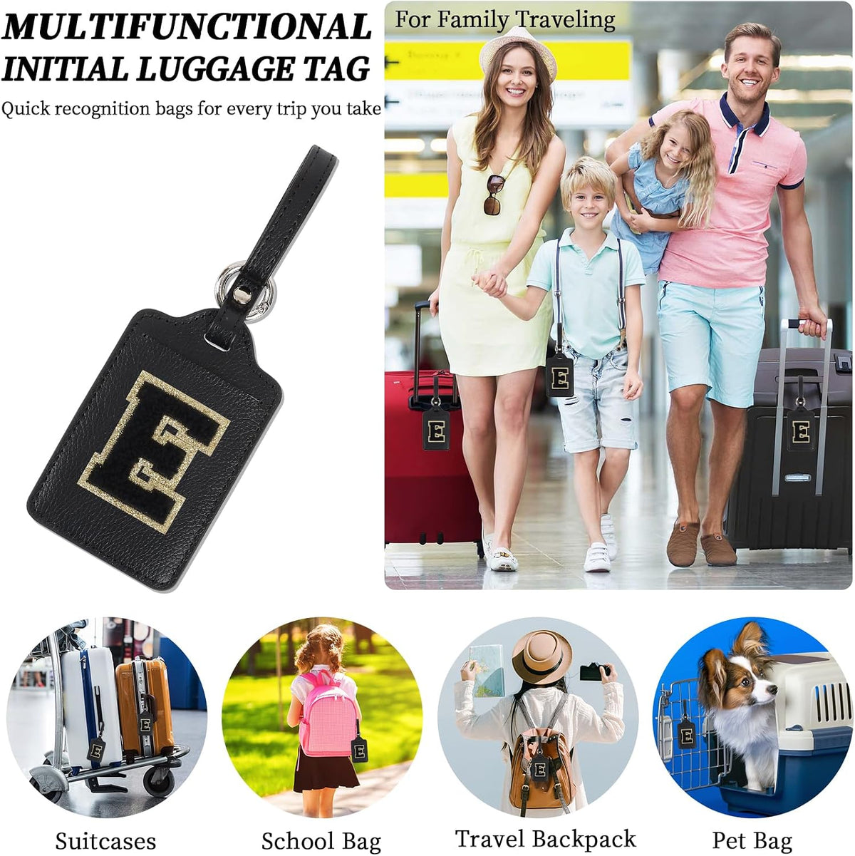 Personalized Initial A-Z Luggage Tag for Suitcases, PU Leather Luggage Tags with Privacy Cover Name Card, Black Cute Monogrammed Funny Luggage Baggage TSA Approved Tags for Women Kids(1 PACK Letter E)