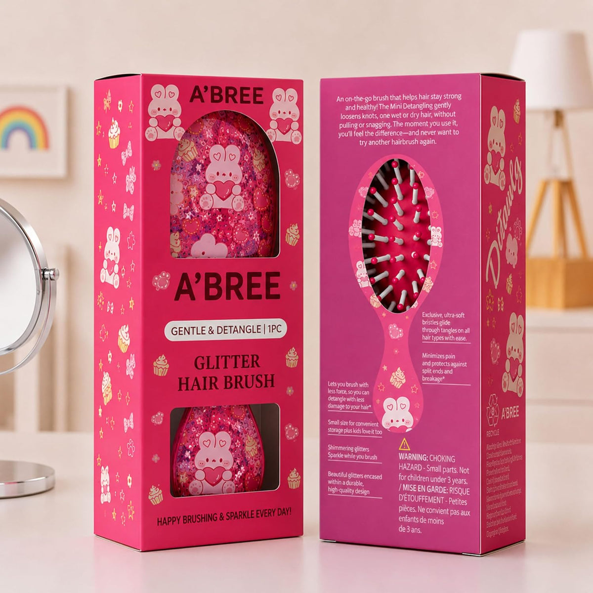 A'BREE Mini Glitter Detangling Hair Brush for Kids Girls Women – Gentle Wet and Dry Hairbrush, Travel Sized Tangle Free Knot Tamer for Toddler, Adorable Character Glitter Design (Ruby Red)