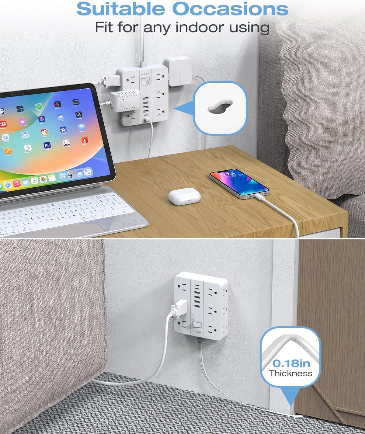 Power Strip Flat Plug,AOFO 5FT Extension Cord with Multiple Outlets