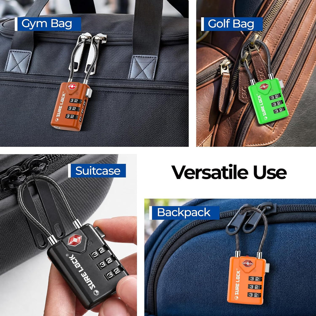 SURE LOCK TSA Approved Luggage Locks with Open Alert Indicator, 3 Digit Combination Cable Travel Lock for Suitcase, Backpack, Gym Locker, Toolbox & Travel Bag（Green 2 Pack