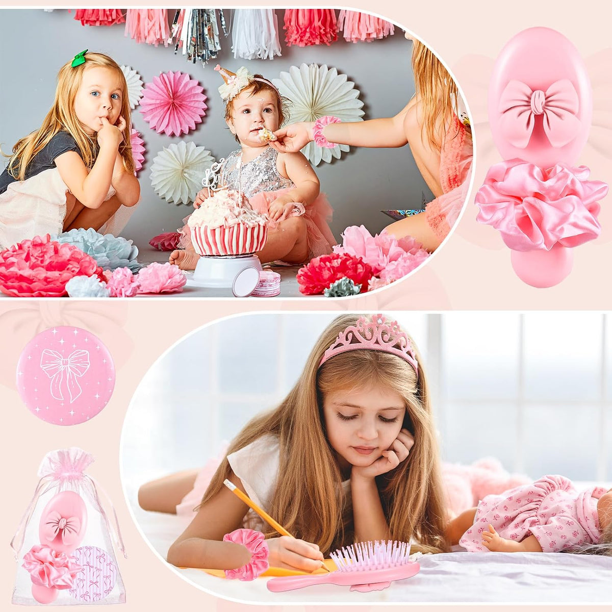 20Sets-80Pcs Pink Bow Coquette Party Favors Hair Brushes Foldable Mini Combs Pocket Cosmetic Mirrors Hair Scrunchies Trip Weekend Gifts for Sleepover Spa Birthday Party Bridal Back to School