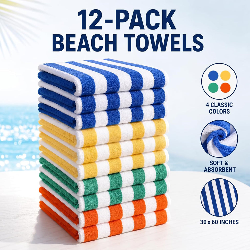 Breling 12 Pack 100% Cotton Oversized Cabana Stripe Beach Towels 30" x 60"