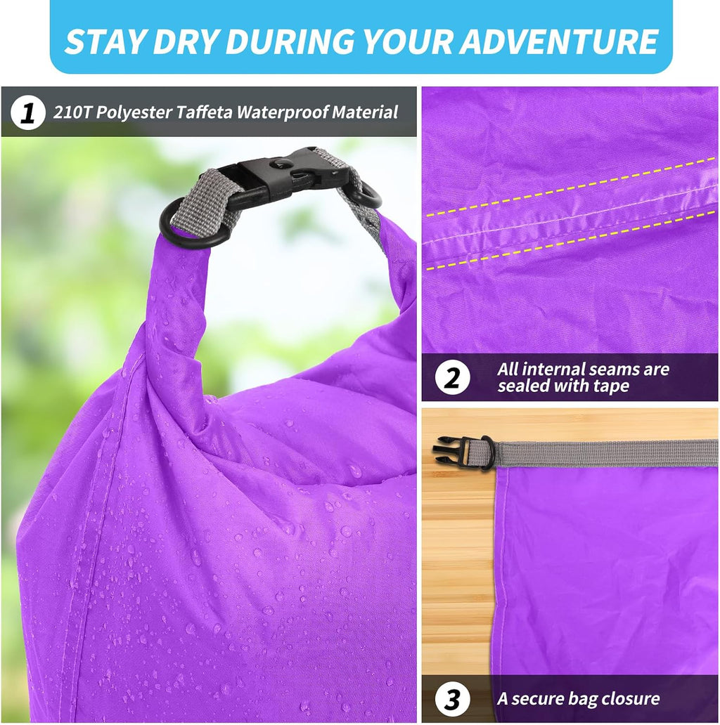 Dry Bag Set, Waterproof Small Lightweight Dry Bags for Paddle Board Kayaking, Fishing, Camping(Purple, 2L+5L+10L)
