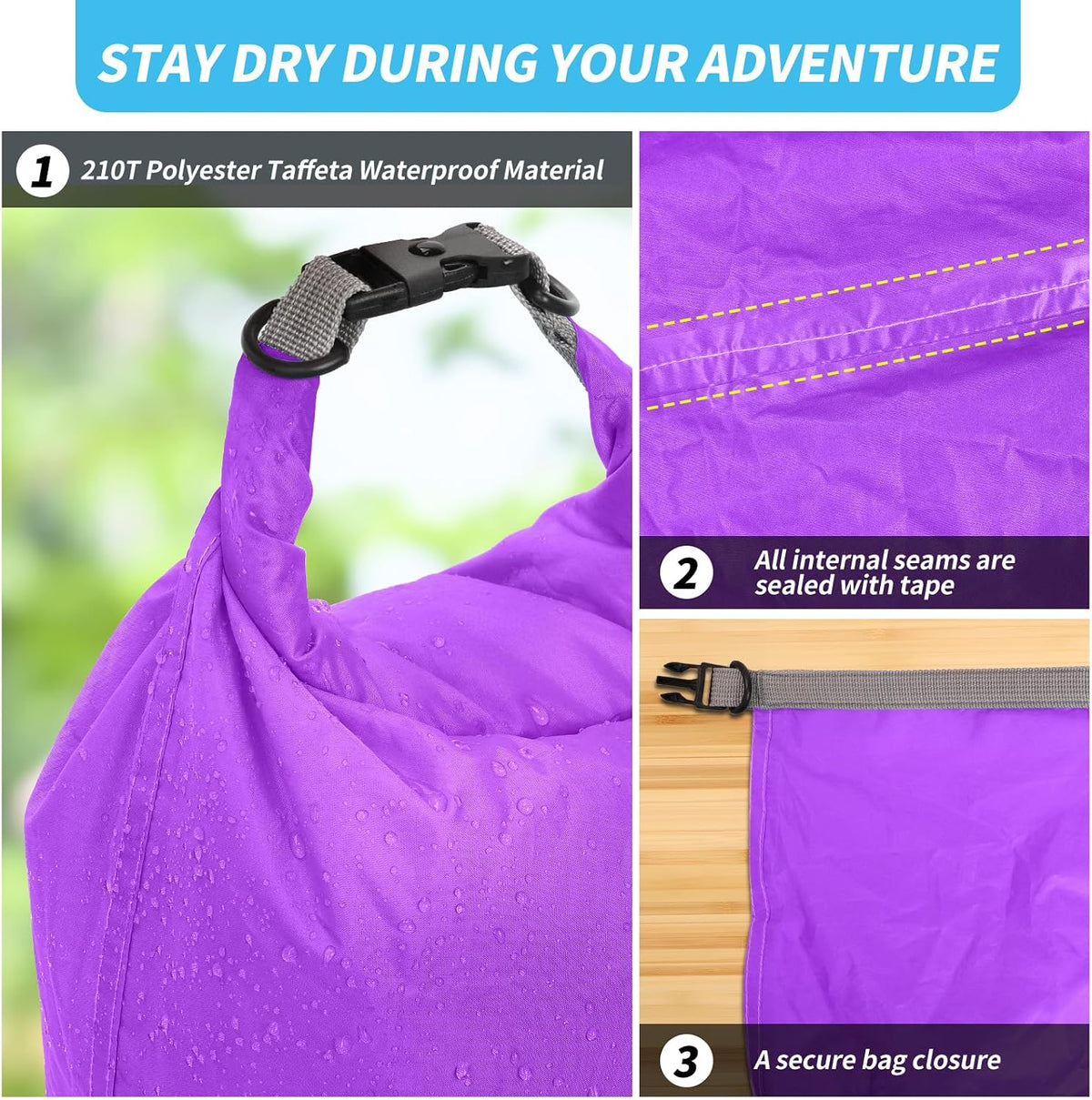 Dry Bag Set, Waterproof Small Lightweight Dry Bags for Paddle Board Kayaking, Fishing, Camping(Purple, 2L+5L+10L)