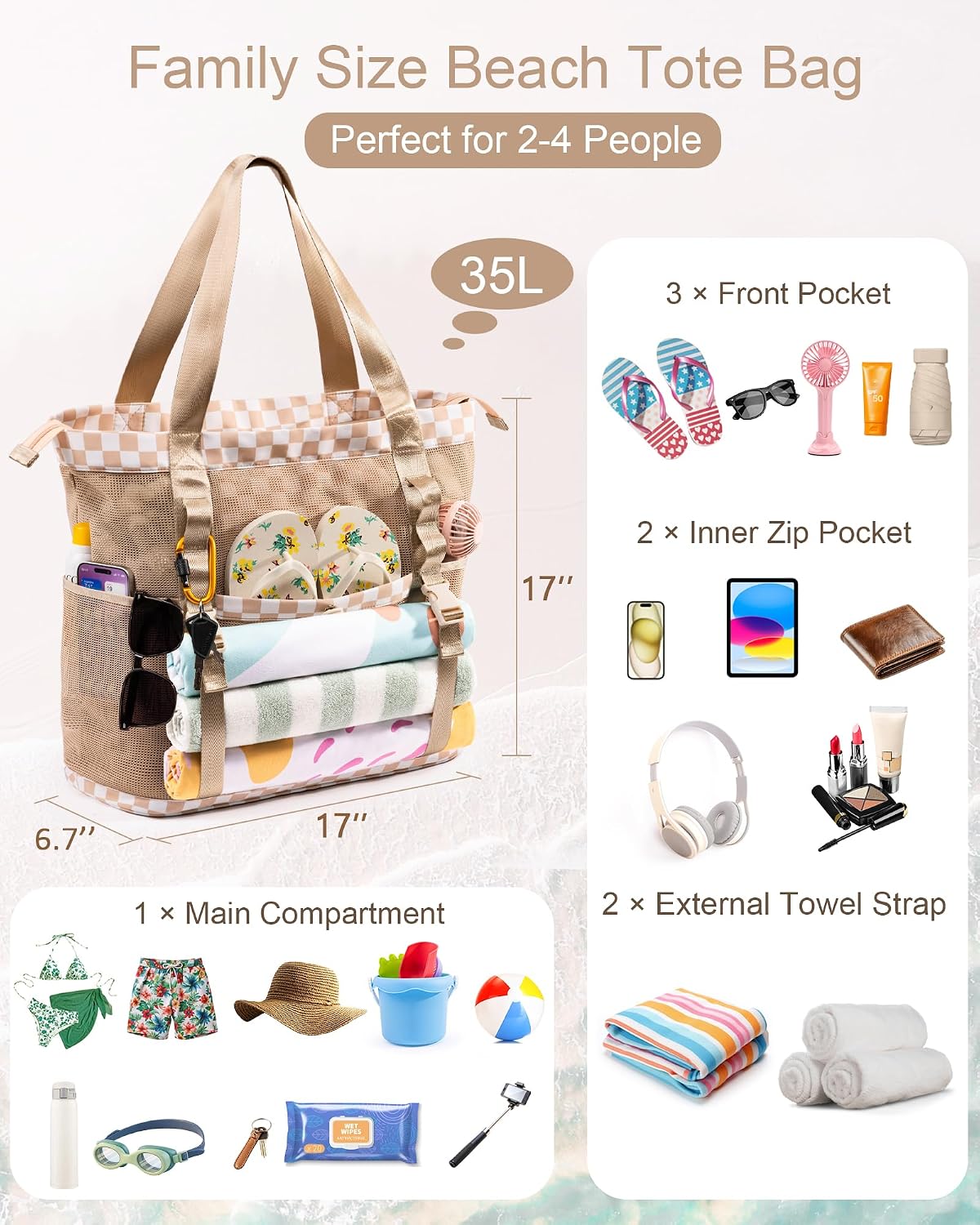 Large Beach Tote Pool Swim Bag for Women Sandproof with Wet Compartment