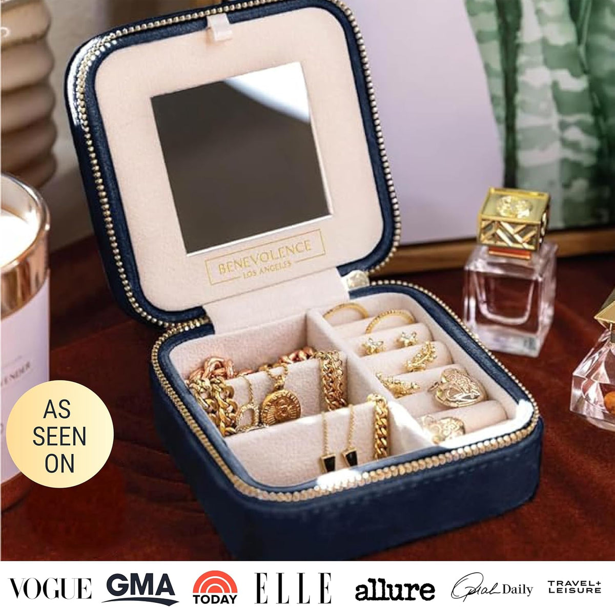 Benevolence LA Featured in Oprah's Favorite Things Plush Velvet Travel Jewelry Box – Jewelry Organizer Case with Mirror – Birthday Gifts for Women – Navy Blue