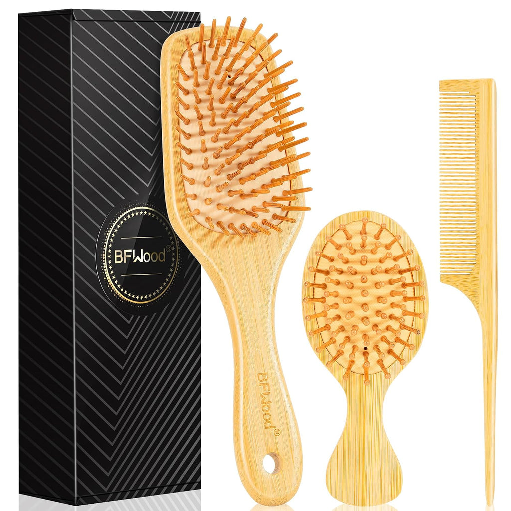 BFWood Bamboo Hair Brush Set, Wooden Detangling Hairbrush for Travel