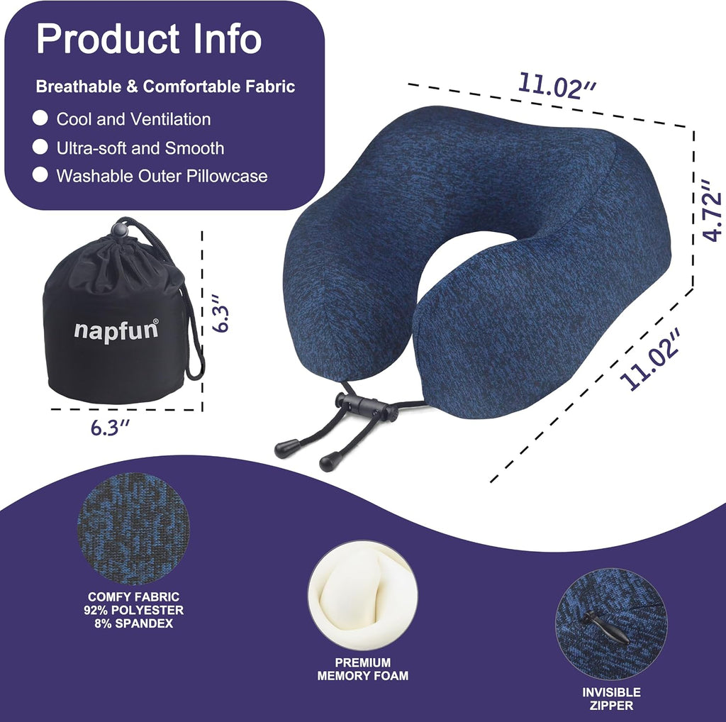 napfun Neck Pillow for Travel, Memory Foam Airplane Pillow, Full Dark Blue